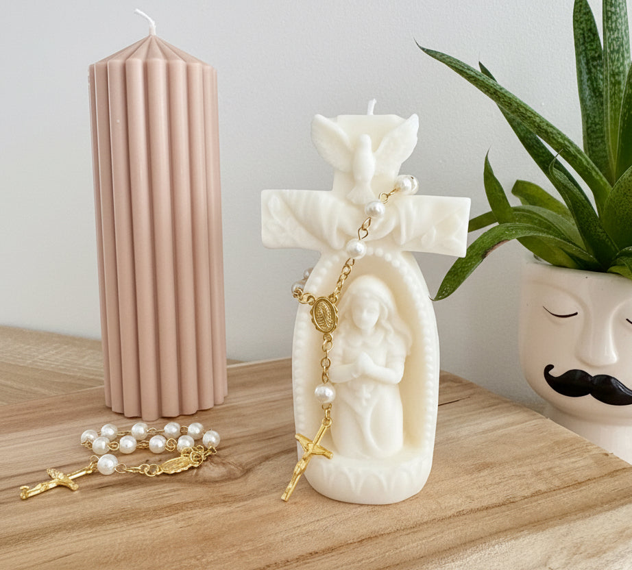 Religious Carved Candle Cross, Virgin Mary & Dove